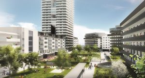 Rendering des neuen Gebäudes Citygate Innenhof in Wien