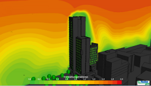 Windsimulation des Hochhauses HoHo in Wien Aspern, eine Windkomfort Referenz von Weatherpark